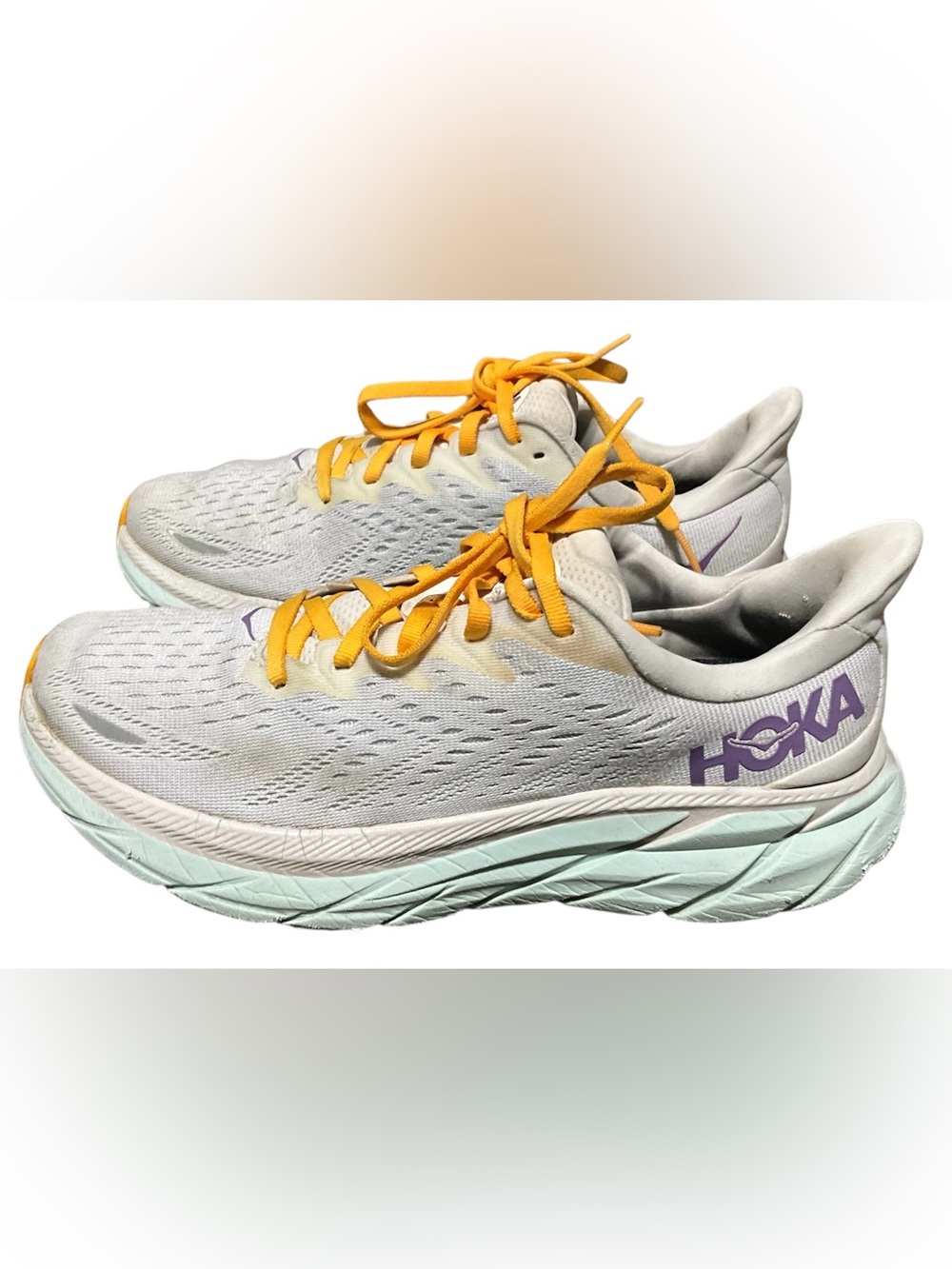 Hoka One One White Running Shoes with Yellow Accents size 8.5